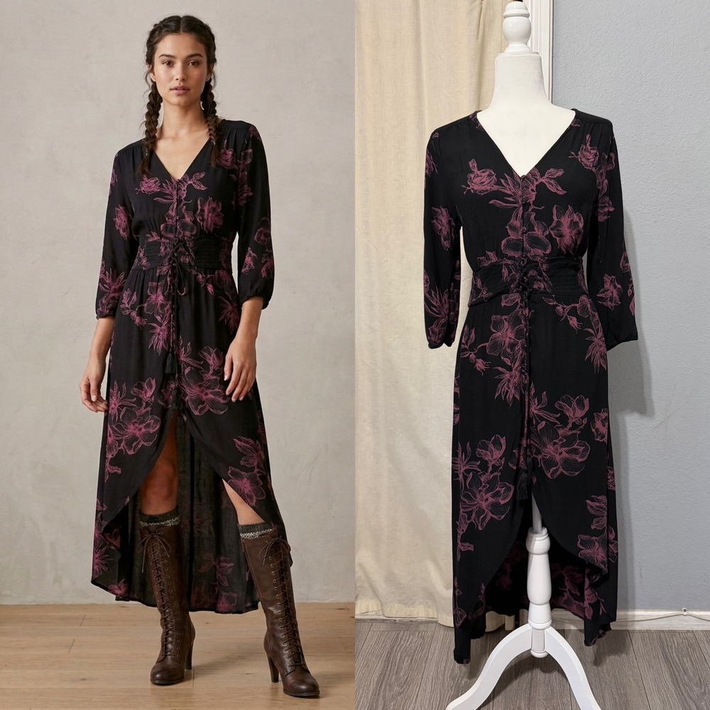 Whimsical American Rag Midi Dress S Black Pink Floral Smocked Waist High-Low